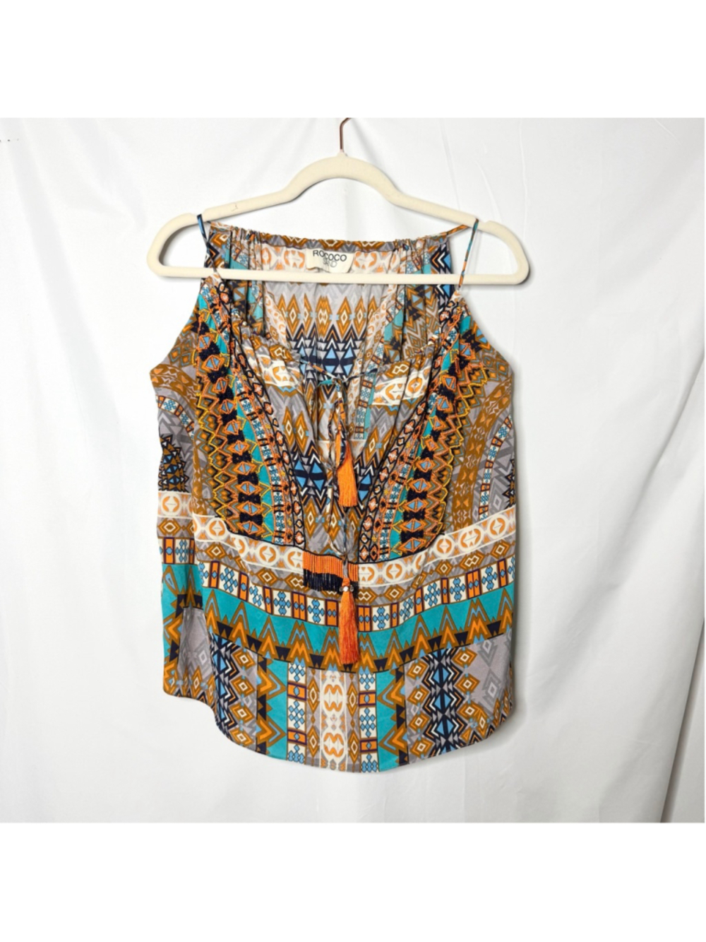Women's Rococo Sand Tank Top Small Orange Blue Geometric Beaded Tassel